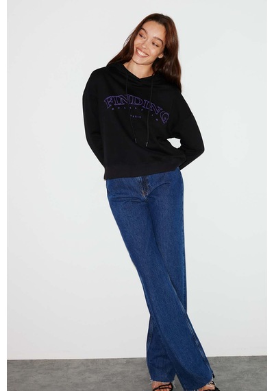 Ethıquet Sydney Kadın İçi Polarlı Önü Nakışlı Regular Fit Kapüşonlu Siyah Sweatshirt
