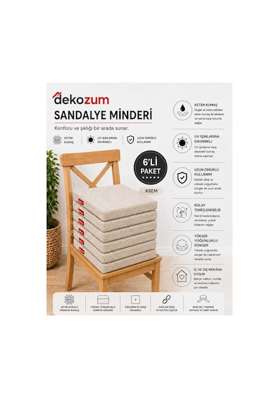 Comfort Plus Sandalye Koltuk Minderi 40x40 Bağcıklı Fermuarlı Yıkanabilir Balkon Bahçe Minderi 6 Lı Krem 6 Lı