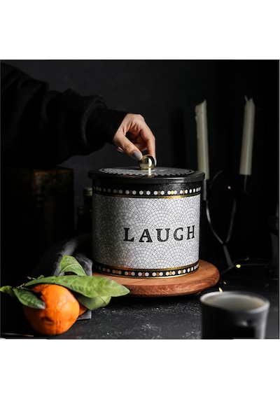 Mosaic Laugh Desenli Topuz Kulplu Yuvarlak Metal Saklama Kabı 17.5 x 15.5 CM 3.5 L