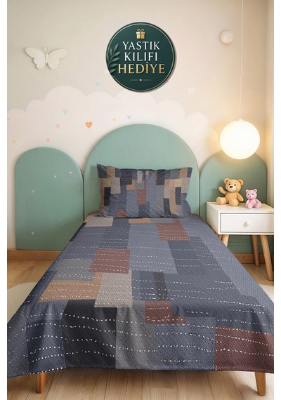 Mavi Geometrik Modern Genç Odası Tek Kişilik Pike Takımı-gri Vizon 160x220 Cm Kapitone Yatak Örtüsü Turkuaz