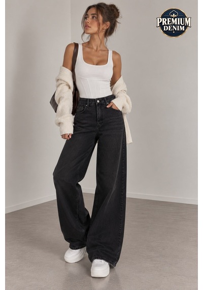Vadon 1058 Kadın Yüksek Bel Baggy Fit Jean Pantolon Siyah