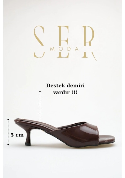 Sermoda Topuklu Kadın Terlik - 5 Cm İnce Topuklu Küt Burun Kadın Terlik Rugan Kahve