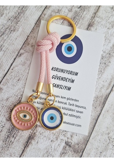 Hediyelik Vip Çift Nazar Boncuklu Ipli Anahtarlık - Çanta Süsü 10,5 Cm Pembe