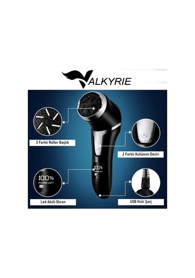 Valkyrie Profesyonel Ayak Bakım Cihazı 360 Dönen Başlık Dijital Ekranlı, Şarjlı & 10 Parça Pedikür Kiti Siyah