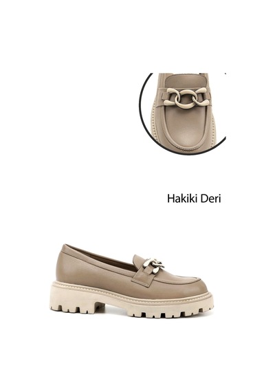 Gönderi(R) Gönderi R Bej Kalın Topuklu Tokalı Hakiki Deri Loafer Ayakkabı Bej