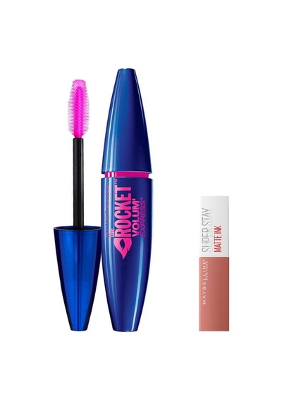Maybelline New York Volum' Express Rocket Ekstra Siyah Maskara & Mini Super Stay Matte Ink Likit Mat Ruj 65 Seductress Makyaj Seti 0