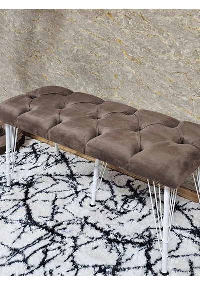 Zafir Metal Beyaz Tel Ayaklı 100 Cm Puf Bench - Puf - Bench - Oturak - Mutfak Oturağı - Antre Oturağı Kahverengi