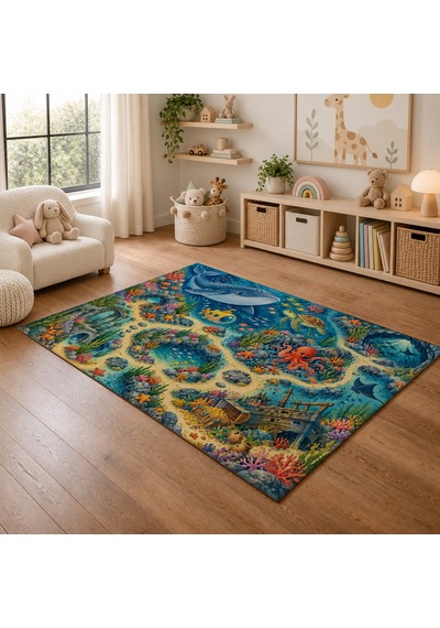 Kartela Halı Okyanus Keşfi Çocuk Oyun Halısı Kaymaz Dot Taban Yıkanabilir 180 X 270 Cm