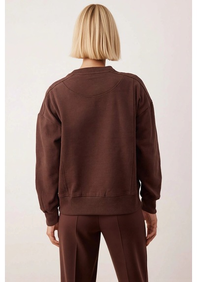 Benerly Kadın Bisiklet Yaka Düşük Kol Pamuk Sweatshirt Fonksiyonel D Koyu Kahverengi