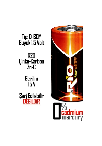 Rio 2li Büyük Boy Pil R20 D-size Pil D Boy Pil Oyuncak Pili Çinko Karbon Pil Zn-c 1.5 V
