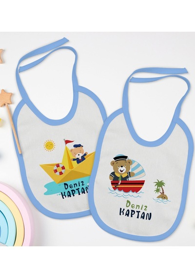 BK Kids Kişiye Özel Sevimli Kaptan Tasarımlı 2’li Mavi Mama Önlüğ Mavi