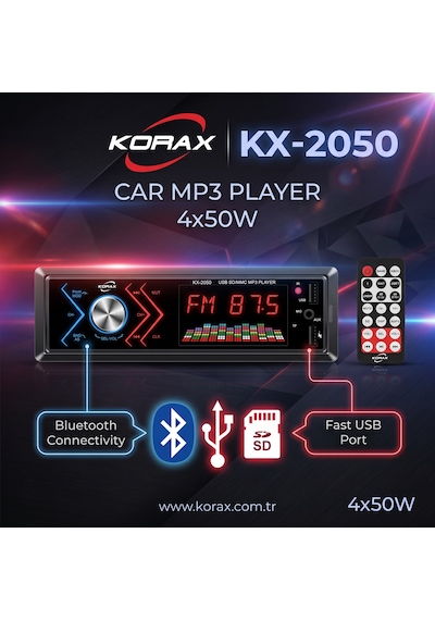 Korax Kx-2050 Spektrum Ekranlı Bluetooth Oto Teyp Mosfet 4x50w Ses Çıkışı Single-dın Mp3 Çalar