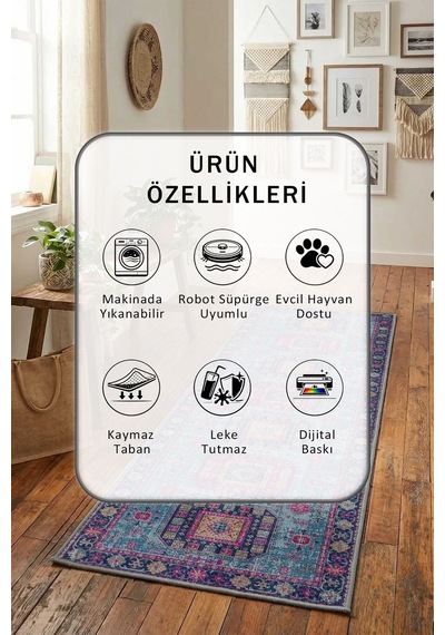 Vintage 221 Salon Mutfak Yatak Odası Dijital Yıkanabilir Yolluk Mor