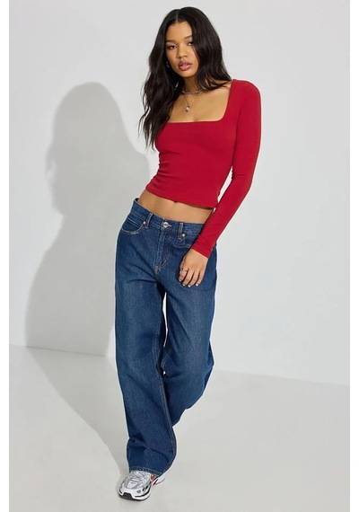 Seeh Kırmızı Kare Yaka Uzun Kollu Kadın Body Sh206