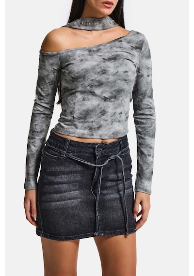 Kadın Koyu Füme 2s6-1 Straight Fit Kemer Detaylı Elastan Mini Denim Etek