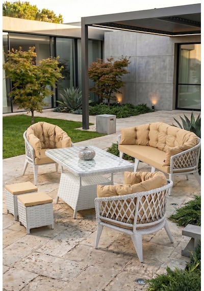 Liatris Serisi 1. Sınıf 3+1+1+2 Puf Beyaz Rattan Cappucino Minder Bahçe Balkon Oturma Koltuk Takımı Liatris Serisi 1. Sınıf 3+1+1+2 Puf Beyaz Rattan Cappucino Minder Bahçe Balkon Oturma Koltuk Takımı
