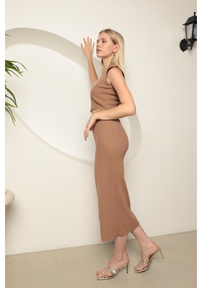 Chıcnhappy Triko Kumaş Croplu Etek Kadın Takım Camel - %100 Polyester Camel