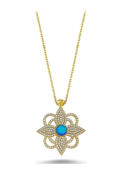 Beyaz Taşlı Çiçek Opal Kolye