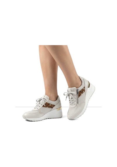 Kadın Bej Bağcıklı Dolgu Topuklu Deri Sneaker
