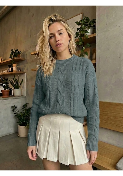 Sayzen Your Shine Saç Örgülü Basic Regular Triko Kazak Sy-2605 Nardo Gri
