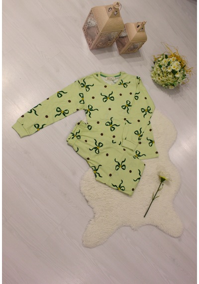 Durukoza %100 Pamuk Kız Çocuk Pijama Takımı Fiyonklu 4 Mevsim Açık Yeşil