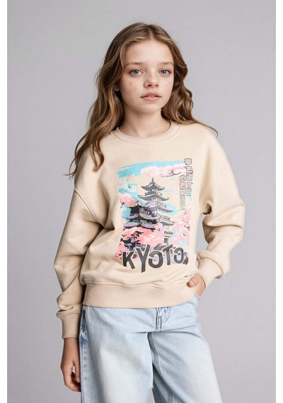 Defacto Kız Çocuk Relax Fit Bisiklet Yaka Baskılı Sweatshirt E6843a825wnbg187 Bej-bg187