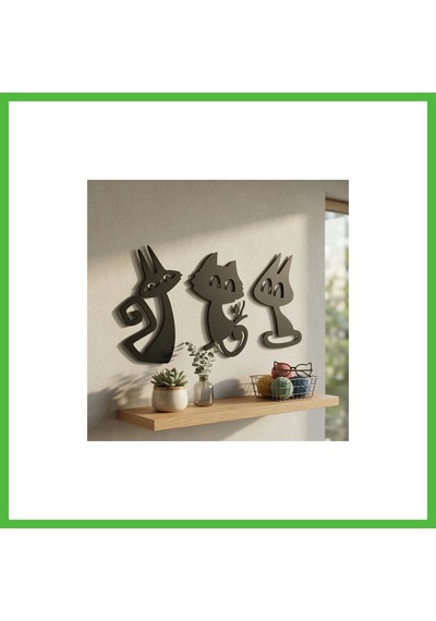 Vaveni 3 Lü Dekoratif Kedi Duvar Tablosu Mdf Lazer Kesim Modern Duvar Süsü Minimal Kedi Figürlü Dekor Arz
