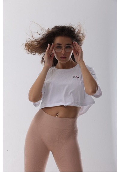 Crop Beyaz Kısa Belden Lastikli Tişört Beyaz