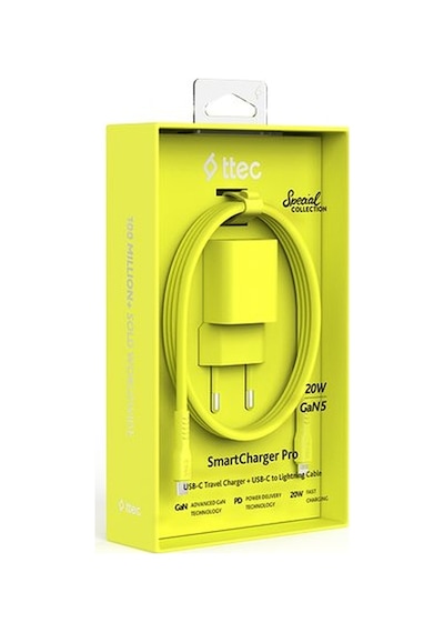Ttec Smartcharger Gan 20w Pd Seyahat Hızlı Şarj Aleti + Usb-c - Lightning 120cm Kablo Neon Sarı