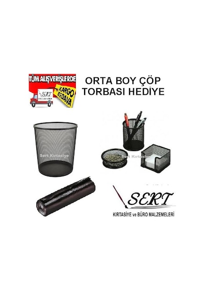 Metal Çöp Kovası + 3lü Kalemlik Set + Orta Boy Çöp Torbası 5li Pk