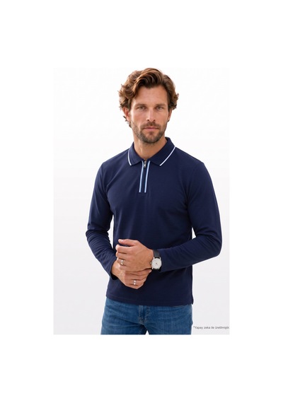 Tudors Erkek Slim Fit Dar Kesim %100 Pamuk Uzun Kollu Fermuarlı Lacivert Polo Yaka Tişört-52789
