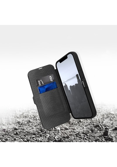Apple Uyumlu iPhone 13 Pro Max Kılıf Vegan Deri Tasarımlı Şeffaf Kartlıklı Raptic Urban Folio Serisi Kapak Siyah