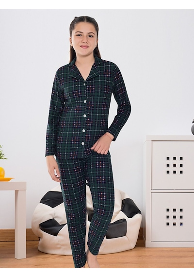 6589 Kız Çocuk Süet Kışlık Boydan Düğmeli Ekoseli Kalın Pijama Takımı Yeşil