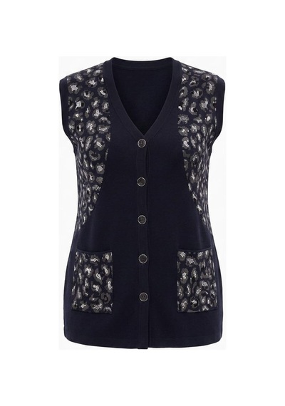 Onno Style Women Simli Leopar Desen Klasik Düğmeli Yelek Lacivert