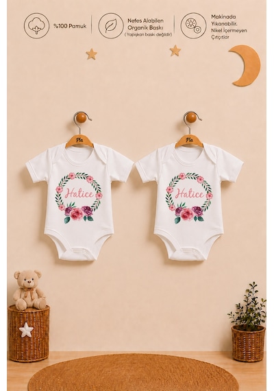 Pia Baby Kız Bebek İsme Özel Hediye Seti 2'li %100 Pamuk Organik Baskılı Body Zıbın Ve Ham Bez Kıyafet Kesesi 2063b2k6x Ekru