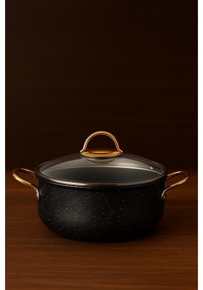 Yunusoğlu Home 30 Cm Derin Granit Tencere 7.5 Litre, Gold Metal Kulplu, Alüminyum Tabanlı, Cam Kapaklı Siyah