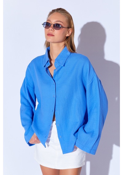 Manche Saks Kolları Salaş Yıkamalı Müslin Oversize Rahat Kalıp Kadın Basic Gömlek Mks166881-01 Manche Saks Kolları Salaş Yıkamalı Müslin Oversize Rahat Kalıp Kadın Basic Gömlek Mks166881-01