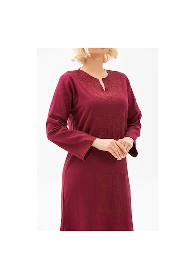 Eliş Şile Bezi Uzun Kol Şile Bezi Simli Kaftan Midi Boy Elbise Bordo