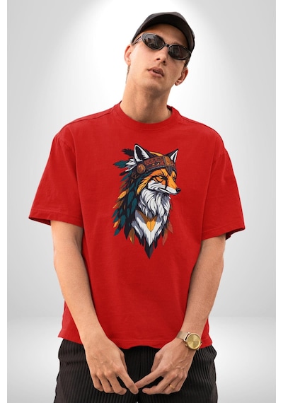Kızılderili Tilki Pamuklu Bisiklet Yaka Unisex Oversize Boyfriend Dijital Baskılı Kırmızı T-shirt Kırmızı