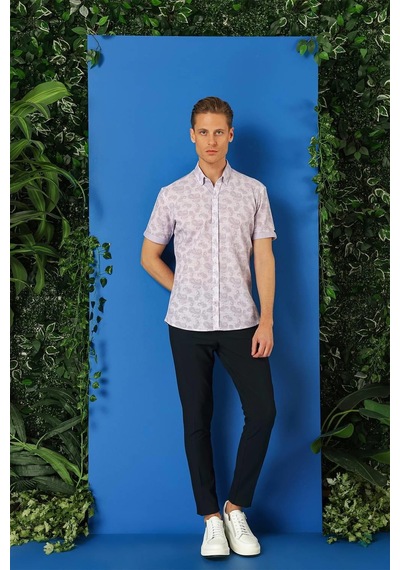 Efor Slim Fit Düğmeli Yaka Şal Desenli Kısa Kol Pamuk Lila Gömlek G 1501 Lila