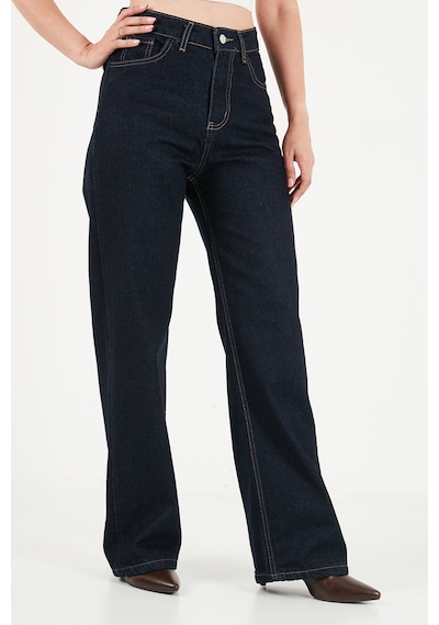 Lela Pamuklu Yüksek Bel Bol Paça Jeans Kadın Kot Pantolon 7031006 Koyu Mavi