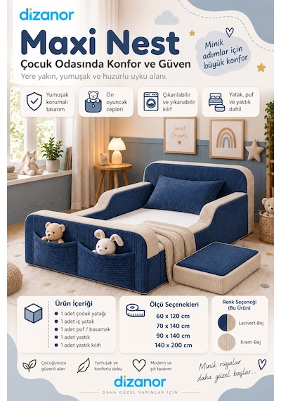 Dizanor Maxi Nest Montessori Çocuk Karyola Yatak Seti Lacivert Fitilli 90 X 190
