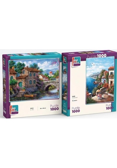 Su Yolu Ve Yamaç Evleri İkili Set - 2 X 1000 Parça Manzara İkili Puzzle Seti