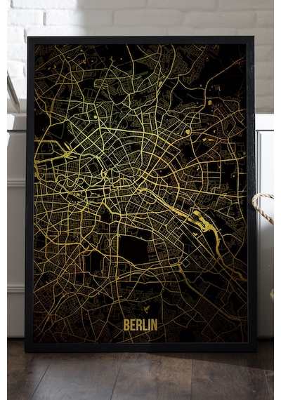 Berlin Şehir Haritası Siyah Ahşap Çerçeveli Poster, Dekoratif Harita Duvar Tablosu
