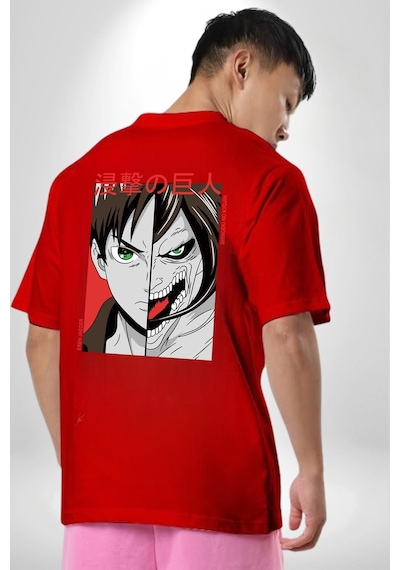Anime Titan Saldırısı Kırmızı Oversize Unisex Ön Ve Sırt Baskılı Tişört Kırmızı