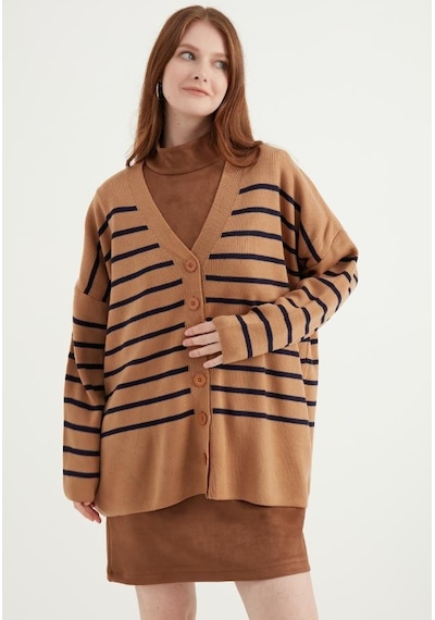 Cizgili Oversize Camel Hırka 23aj0050 Camel