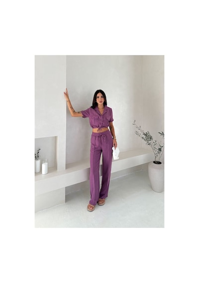 Wellway İthal Keten Kumaş İplik Detaylı Crop Gömlek & Pantolon İkili Takım -mor Mor