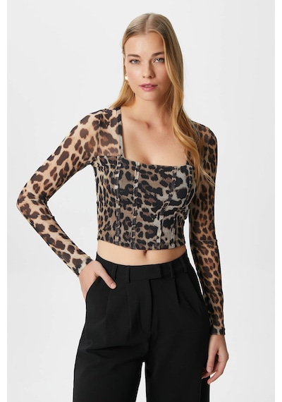 Ritnice Kadın Alina Korse Görünümlü Leopar Tül Crop Bluz LEOPAR
