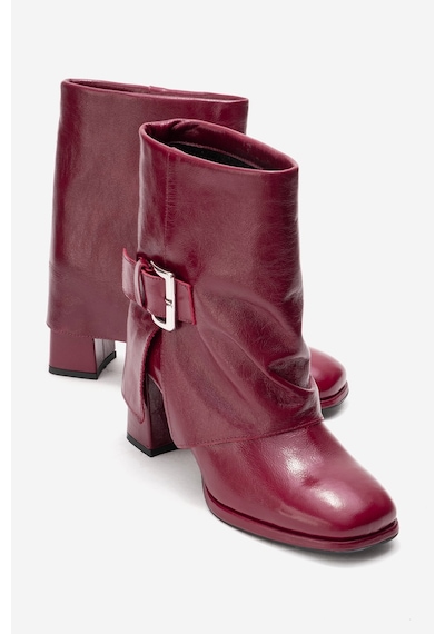 Luvishoes Lore Bordo Kırışık Rugan Hakiki Deri Tokalı Kadın Topuklu Bot Bordo