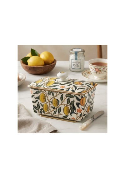 Desenli Porselen Tereyağlık Kapaklı Limon Desenli Tereyağı Kabı Ve Kahvaltılık 16x10x10 Cm Sarı